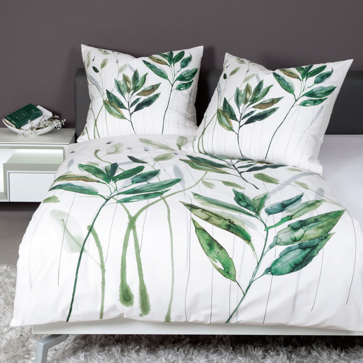 Janine Mako Satin Wende-Bettwäsche modern art 42066-06 grün weiß Gräser