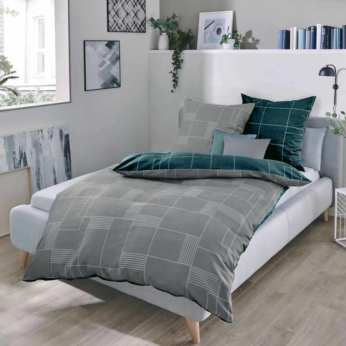 Kaeppel Mako Satin Bettwäsche 200x200 cm Uptown 08888 grün grau Wendebettwäsche