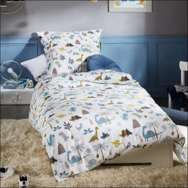 Lorena Mako Satin Kinderbettwäsche Lorenchen Dino World 0470-80 weiß Dinosaurier