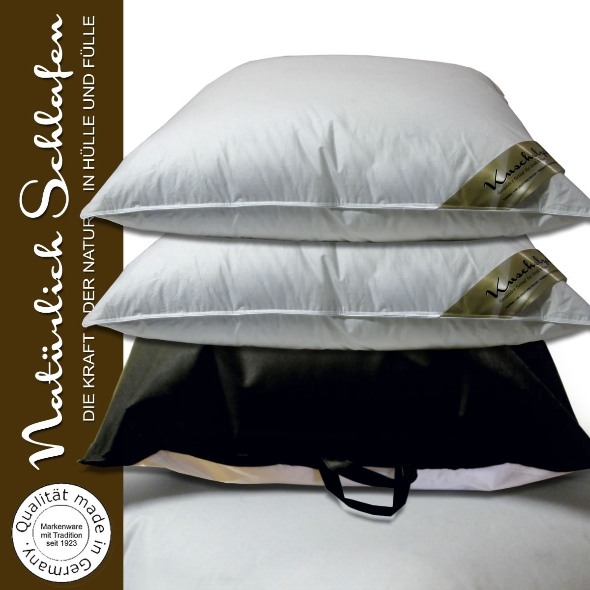 2x Luxus 3 Kammer Kissen 80x80 cm Federn m. Daunenhülle u. Satin-Biese