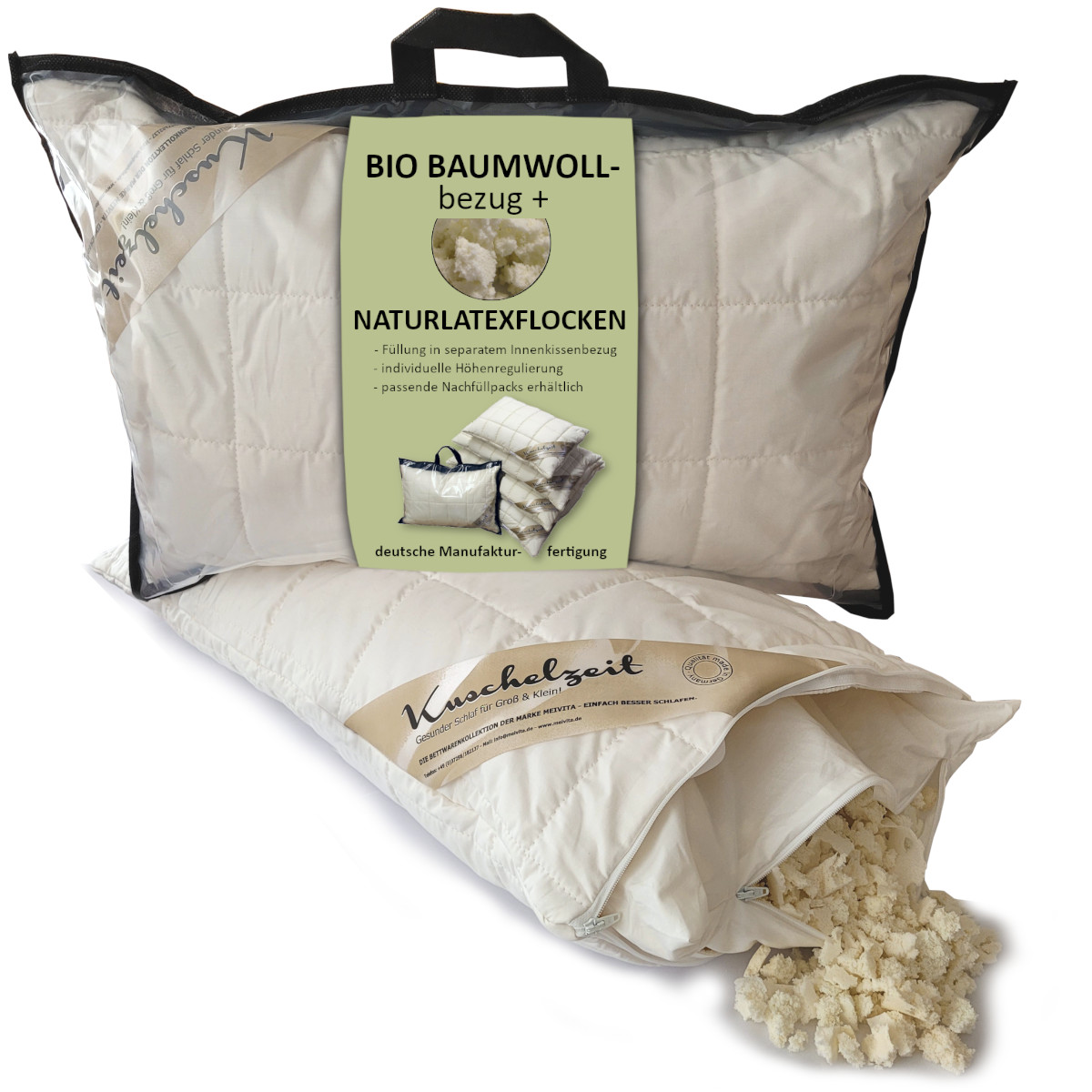 Höhenregulierbares Naturlatex-Flocken Kopfkissen 40x60 cm mit kbA Bezug