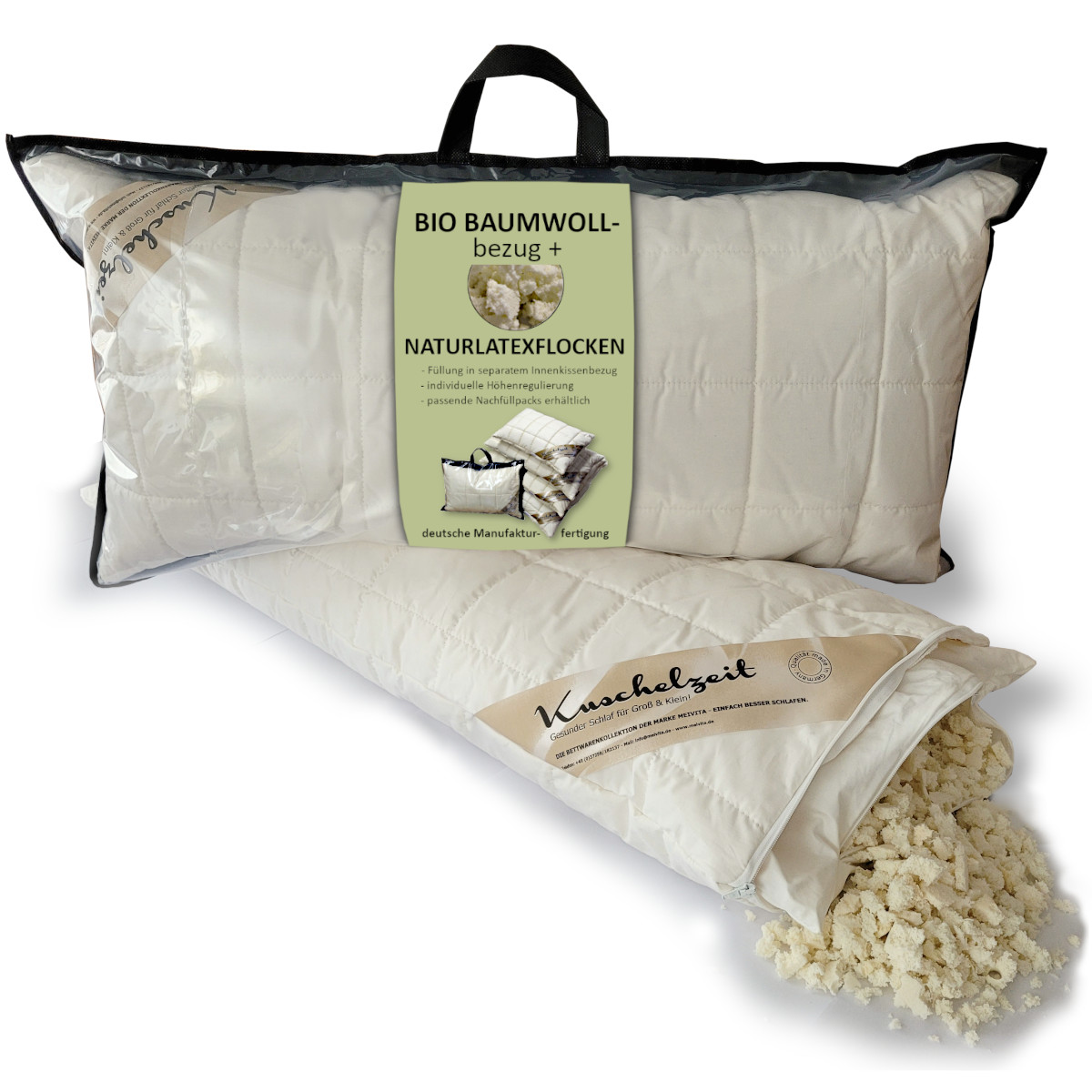 Höhenregulierbares Naturlatex-Flocken Kopfkissen 40x80 cm m. kbA Bezug